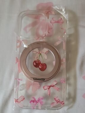 IPHONE 14 PRO- Pink Cherry Bow Clear Phone Case with Rose Gold Ring Holder
